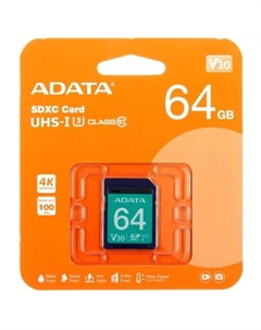Карта памяти 64Gb SDXC Class 10 UHS-I U3 V30 (ASDX64GUI3V30S-R) Adata