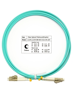 Патч-корд оптический FOP-50-LC-LC-2m, LC/UPC-LC/UPC, многомодовый, 50/125, OM3, двойной, 2 м, LSZH, бирюзовый (FOP-50-LC-LC-2m) Cabeus