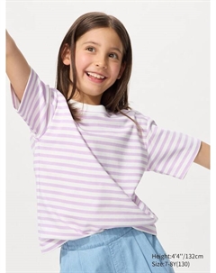 Футболка Airism из хлопка с круглым вырезом (полоска), фиолетовый Uniqlo