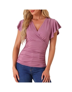 Блузка с искусственным запахом для женщин, летняя повседневная верхняя блузка с v-образным вырезом и рюшами на рукавах, фиолетовый Allegra k