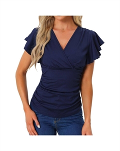 Блузка с искусственным запахом для женщин, летняя повседневная верхняя блузка с v-образным вырезом и рюшами на рукавах, цвет Dark Blue Allegra k