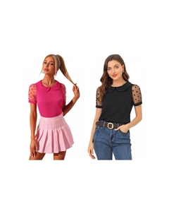 Комплект из 2 комплектов женских винтажных блузок с сетчатыми рукавами в горошек и воротником Питера Пэна, с короткими рукавами, цвет Black Hot Pink Allegra k