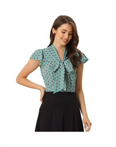 Женская летняя офисная блузка в горошек с галстуком-бабочкой и V-образным вырезом с оборками и рукавами-крылышками, цвет Light Green Allegra k