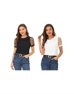 Комплект из 2 комплектов женских винтажных блузок с сетчатыми рукавами в горошек и воротником Питера Пэна, с короткими рукавами, цвет Black White Allegra k