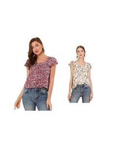 2 упаковки женских шифоновых блузок с рюшами и рукавами в винтажном стиле, многослойные блузки с цветочным принтом, топы, цвет White Wine Red Allegra k