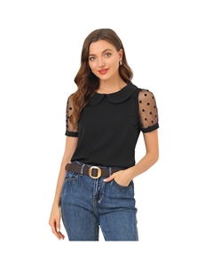 Женская винтажная блузка с сетчатыми рукавами в горошек и воротником Питера Пэна, короткий рукав, черный Allegra k