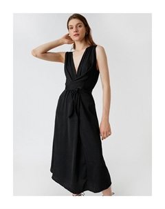 Платье-миди с поясом с запахом, черный Koton