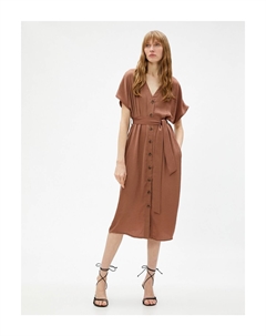 Платье-рубашка длины миди с V-образным вырезом и поясом, коричневый Koton