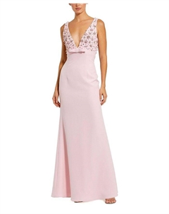 Платье из крепа без рукавов с V-образным вырезом, отделкой бисером и бантом, розовый Mac duggal