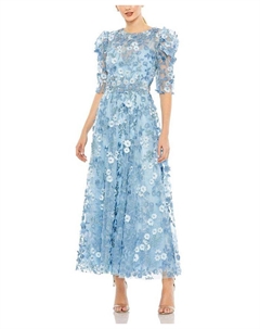 Аппликация Высокий ворот пышные рукава платье А силуэта, синий Mac duggal