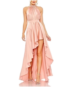 Атласное платье с высоким воротом и асимметричным вырезом, розовый Mac duggal