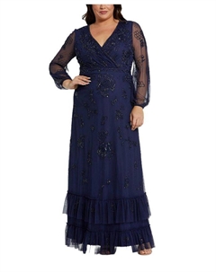 Платье с пышными рукавами, V-образным вырезом и многоярусной отделкой, синий Mac duggal