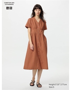 Платье из льняной смеси с V-образным вырезом (короткий рукав), оранжевый Uniqlo