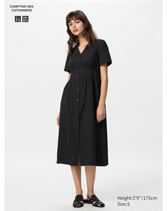Платье из льняной смеси с V-образным вырезом (короткий рукав), черный Uniqlo
