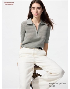 Хлопковый джемпер-поло с короткими рукавами и открытой молнией, серый Uniqlo