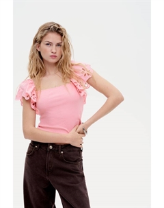 Ребристый топ с деталями в стиле бродери англез, розовый H&m