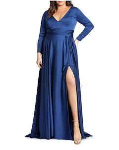 Вечернее платье с длинными рукавами из сатина, синий Mac duggal