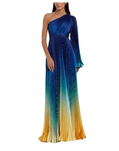 Платье из плиссированного шармеза с длинными расклешенными рукавами, синий Mac duggal