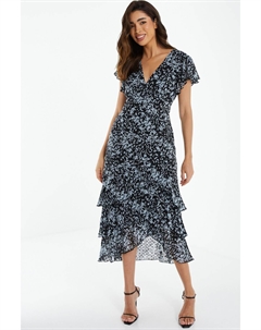 Черное платье миди с рюшами и жаккардовым цветочным узором, черный Quiz