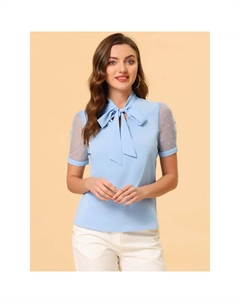 Женская блузка с галстуком-бабочкой, V-образным вырезом и воротником-стойкой, с короткими сетчатыми рукавами, темно-синий Allegra k