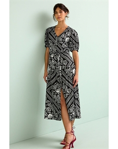 Платье миди из льняной смеси застегивающееся на пуговицы, черный Next