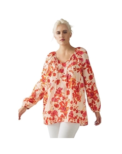 Женская крестьянская туника больших размеров с завязками на воротнике, цвет Light Coral Floral Ellos
