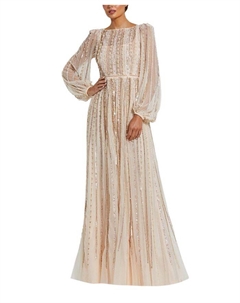 Платье с вырезом лодочкой и длинными рукавами, с полосатым бисером, слоновая кость/кремовый Mac duggal