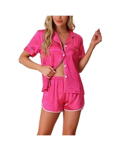 Женская атласная шелковистая пижама из 2 предметов с короткими рукавами, одежда для дома на пуговицах, шорты, пижамный комплект, цвет Hot Pink Cheibear