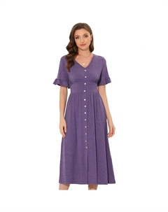 Женское летнее повседневное платье с V-образным вырезом и пуговицами с развевающимися рукавами и копченым платьем миди с высокой талией, фиолетовый Allegra k