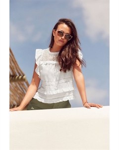 Летняя блузка из 100% хлопка с оборками на рукавах и кружевной вставкой, белый Next