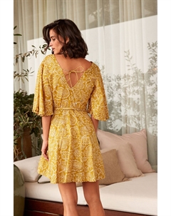 Хлопковое мини-платье с расклешенными рукавами и блестящей отделкой, желтый Next