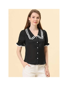 Женская милая блузка на пуговицах с контрастным воротником и короткими рукавами «Питер Пэн», топы, желтый Allegra k