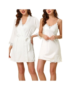 Женские пижамы из 2 предметов, шелковая ночная рубашка на бретельках с халатом, атласные комплекты, белый Cheibear