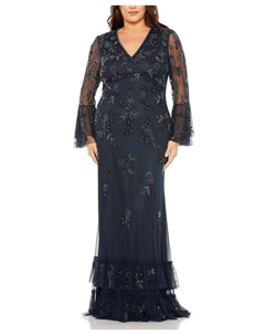 Платье с V-образным вырезом и декором в виде развевающихся ярусов с длинными рукавами, синий Mac duggal