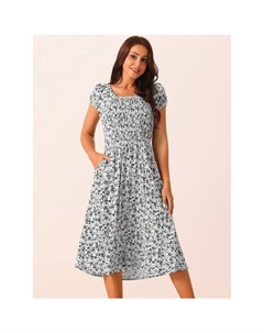 Женское повседневное платье с цветочным принтом и карманами с круглым вырезом и рукавами-крылышками в стиле бохо, струящиеся миди-солнце платья, синий Seta t