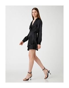 Атласное мини-платье с воротником-рубашкой и оборкой, черный Koton