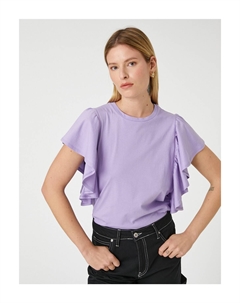 Футболка с воланами на рукавах, хлопок с круглым вырезом, фиолетовый Koton