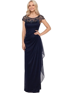 Платье Long Sheer Matte Jersey Side Rouch Dress with Chunky Bead, темно-синий Xscape