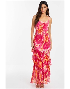 Шифоновое платье макси с капюшоном и принтом спереди, розовый Quiz