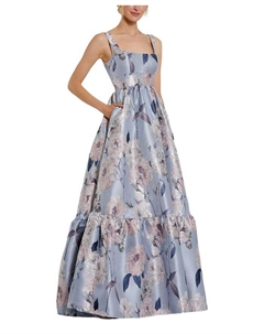 Платье из парчи с круглым вырезом без рукавов с цветочным узором, синий Mac duggal