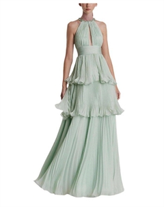 Шифоновое многоярусное платье с высоким воротом и вырезом, зеленый Mac duggal