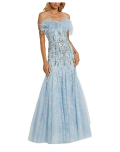 Платье без бретелек с перьями в стиле «русалка», синий Mac duggal