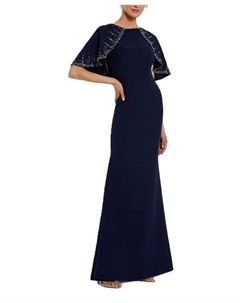 Креповое облегающее платье с высоким воротом и шалью из бисера, синий Mac duggal