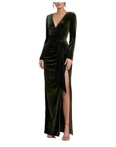 Длинное платье из бархата с глубоким V-образным вырезом и длинными рукавами, зеленый Mac duggal