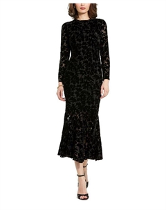 Платье миди из выжженного бархата с длинными рукавами и оборками по подолу, черный Mac duggal