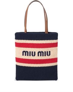 Полосатая сумка-тоут в технике кроше, нейтральный цвет Miu miu