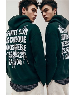 Толстовка с капюшоном свободного кроя с принтом, зеленый H&m