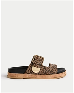 Замшевые сандалии на плоской подошве с леопардовым принтом, коричневый Marks & spencer