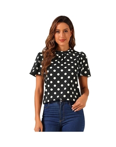 Женская блузка в горошек с воротником-стойкой и складками на спине с короткими расклешенными рукавами, черный Allegra k