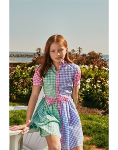 Синее девичье платье с короткими рукавами и узором в клетку Виши с логотипом, синий Polo ralph lauren